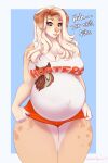  2021 anthro belly big_belly big_breasts blonde_hair bottomwear breasts canid canine canis clothing digital_media_(artwork) domestic_dog english_text female grey_eyes hair hi_res hooters huge_breasts mammal open_mouth pink_nose pregnant shirt shorts solo spots spotted_body spottedtigress tank_top text tight_clothing topwear wide_hips 