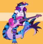  4_toes 5_fingers alligator alligatorid anthro blue_body blue_scales breasts clothed clothing crocodilian feet female fingers fivel hair hi_res non-mammal_breasts purple_hair reptile scales scalie solo toes 