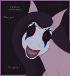  black_hair black_sclera clown_makeup demon dialogue english_text equid equine feral grin hair horse lipstick long_hair looking_at_viewer makeup mammal nightmare_fuel purple_eyes shakes_heartwood sharp_teeth smile solo speech_bubble stoopedhooy talking_to_viewer teeth text 