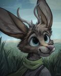  2021 4:5 anthro antlers big_ears blue_eyes blue_sky brown_body brown_fur bust_portrait cheek_tuft clothing cloud detailed_background digital_media_(artwork) ellie_the_hare eyebrows facial_tuft female field fur grass green_scarf head_tuft hi_res horn inner_ear_fluff jacato jackalope lagomorph looking_up mammal outside pink_nose plant portrait scarf signature sky smile solo tall_grass tan_inner_ear_fluff topwear tuft whisker_spots whiskers 