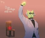  5_fingers anthro black_nose bow_tie chair clothed clothing crown english_text eyewear fingers fur furniture green_body green_fur grin humanoid leotoefinger millymay raised_arm smile solo suit sunglasses text 