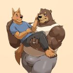 2021 anthro black_nose blush bottomwear brown_body bulge canid canine canis carrying clothing domestic_dog duo hi_res humanoid_hands jumperbear kemono male male/male mammal overweight overweight_male pants shirt simple_background topwear ursid 