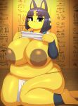  2021 absurd_res animal_crossing ankha_(animal_crossing) anthro areola belly big_belly big_breasts blue_eyeshadow blue_hair bottomwear braffy breasts clothed clothing clothing_lift domestic_cat egyptian_headdress eyelashes eyeshadow felid feline felis female hair hi_res hieroglyphics huge_breasts loincloth looking_at_viewer makeup mammal navel nintendo nipples obese obese_anthro obese_female overweight overweight_anthro overweight_female short_hair solo thick_thighs uraeus video_games 