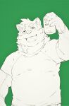  2021 absurd_res anthro belly bottomwear can canid canine canis clothing container domestic_dog green_background heylaw21 hi_res humanoid_hands japanese_text kemono lifewonders live-a-hero male mammal mokdai pants shirt simple_background slightly_chubby solo text topwear video_games 
