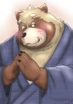  2021 anthro asian_clothing blush brown_body brown_fur canid canine clothing east_asian_clothing fur hi_res humanoid_hands japanese_clothing kemono male mametanu_tanuki mammal one_eye_closed overweight overweight_male raccoon_dog solo tanuki wink 