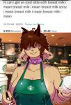 anthro apron apron_only barista big_breasts bodily_fluids breasts clothing collar ear_piercing ear_ring english_text female horn i_mean_breast_milk lactating lactating_through_clothing mammal meme milk mostly_nude nala_urbff nude piercing pink_eyes solo starbucks text wet wet_clothing 