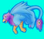  avian beak bird bird_feet blue_body feathered_wings feathers feral flying galliform green_eyes gryphon gyro_feather hi_res male mythological_avian mythology paws peafowl phasianid pink_body profile quadruped shadowflight solo spread_wings tail_tuft tuft wings 