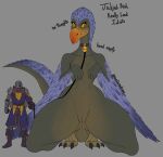  absurd_res anthro armor beak collar derp_eyes duo english_text feathers female genitals hi_res humanoid jubjub_bird leash male medicinal_succ name_tag no_thoughts_head_empty pathfinder pussy scale_knight_(medicinalsucc) snaggle_tooth spread_legs spreading talons text 