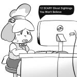  1:1 animal_crossing anonymous_artist anthro bottomwear canid canine canis chair clothing digital_media_(artwork) domestic_dog english_text female furniture hair isabelle_(animal_crossing) keyboard mammal monitor monochrome nintendo pencil_skirt shirt simple_background skirt solo table text topwear video_games 