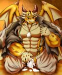  5:6 abs animal_genitalia anthro big_muscles big_pecs blush bodily_fluids bottomwear chocobo_(pixiv) cloaca clothed clothing cum cum_in_cloaca cum_inside dragon egg_in_slit egg_insertion genital_fluids genitals horn jewelry lifewonders male muscular muscular_anthro muscular_male necklace open_clothing open_shirt open_topwear ophion pants pecs red_eyes scalie shirt solo tokyo_afterschool_summoners topwear video_games wings yellow_body 