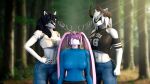  3d_(artwork) abs absurd_res big_breasts bottomwear breasts canid canine canis carceri_gundyr_(ludexus) clothing denim denim_clothing digital_media_(artwork) eyewear female forest forest_background glasses group hi_res horn jeans lagomorph leporid lili_chamber_(ludexus) long_ears ludexus mammal nature nature_background navik_gundyr_(ludexus) pants plant rabbit sibling sister sisters source_filmmaker tree wolf 