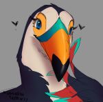  &lt;3 avian beak bird black_body black_feathers blue_eyes eyelashes feathers female feral grey_background hi_res looking_away momobeda multicolored_beak portrait red_body red_feathers simple_background solo toucan turquoise_feathers white_body white_feathers yellow_beak 
