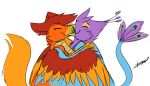  absurd_res amber_wing avian beak bird bird_feet blue_body duo eyes_closed feathered_wings feathers female feral galliform gryphon gyro_feather gyrotech hi_res kissing male mythological_avian mythology orange_body peafowl phasianid pink_body quadruped tail_tuft tuft wings xeirla 