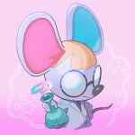  1:1 animal_crossing anthro blonde_hair clothing coat eyewear female flask fur glasses hair hi_res kopa_nishikida lab_coat mammal mouse murid murine necktie nintendo petri_(animal_crossing) rodent round_glasses simple_background smoke solo star topwear video_games white_body white_fur 