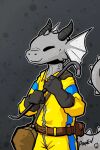  2:3 anthro aspev bag black_clothing black_gloves black_handwear clothing crowbar duffel_bag engineer eyes_closed fin gloves handwear head_fin hi_res jumpsuit lizard lizardman pattern_background reptile scalie simple_background solo space_station_13 tool_belt unathi yellow_clothing 