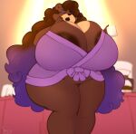  anthro areola areola_slip big_breasts blurred_background breasts brown_bear brown_body brown_fur brown_hair cleavage cleavage_overflow clothed clothing coffee_mug container cup eyes_closed female fur hair hi_res holding_cup holding_object huge_breasts hyper hyper_breasts long_hair mammal multicolored_hair narrowed_eyes purple_hair shakotanbunny solo standing thick_thighs two_tone_hair ursid ursine waking_up 