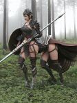  armor black_tail clothed clothing djk120474 edit fantasy female forest fully_clothed grass harness hi_res human_taur humanoid_pointy_ears lance leather leather_armor outside photo photo_manipulation plant shield solo tan_body taur tree weapon 