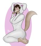  absurd_res anthro automaton_story canid canine clothing female hi_res hindpaw hoodie kneeling mammal onesie paws raised_tail shy sitting solo topwear ultim0_36 valerie_(automaton_story) 