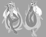  anthro aquatic_dragon breasts changeling_tale dakimakura_design dragon female genitals grace_(changeling_tale) long_tail long_tongue looking_back marine membrane_(anatomy) monochrome pubes pussy small_breasts solo tongue tongue_out watsup 