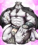  abs accessory anthro bandaged_leg belt big_muscles big_pecs black_and_white_fur bottomwear bulge canid canine canis chocobo_(pixiv) clothed clothing eyes_closed food fur gloves handwear headband horkeukamui lifewonders loincloth male mammal muscular muscular_anthro muscular_male nipples open_clothing open_shirt open_topwear pecs pocky shirt smile solo tokyo_afterschool_summoners topwear video_games wolf 