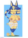  3:4 animal_crossing ankha_(animal_crossing) anthro belly big_breasts breasts domestic_cat eyes_closed felid feline felis female food fruit genitals hand_on_breast hi_res huge_breasts jewelry mammal mellojellowo mostly_nude navel navel_piercing nintendo peach_(fruit) piercing plant pussy simple_background solo thick_thighs video_games 