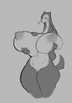  2020 anthro big_breasts bovid breast_squish breasts caprine curvy_figure digital_media_(artwork) eyes_closed female genitals hi_res huge_breasts long_neck mammal monochrome navel nude peach_pussy pussy sheep sirevisconde solo squish standing thick_thighs voluptuous wide_hips 