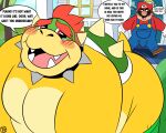  2021 anthro blush bowser bulge butt clothed clothing comic detailed_background dialogue duo english_text erection erection_under_clothing facial_hair gloves handwear hat headgear headwear hi_res human humor koopa male male/male mammal mario mario_bros mustache nintendo outside overalls overweight overweight_male scalie shirt silly_face text topwear trashtoonz video_games 