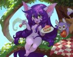  apple breasts cake cleavage clothed clothing convenient_censorship dessert felid feline female feral food hi_res huffslove humanoid league_of_legends looking_at_viewer lulu_(lol) mammal not_furry_focus outside plant riot_games short_stack solo_focus thick_thighs tongue tongue_out tree video_games wide_hips yordle 
