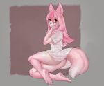  5_toes anthro barefoot bottomless brand_new_animal breasts butt canid canine clothed clothing deymos digital_media_(artwork) feet female fox fur hair humanoid_feet inner_ear_fluff mammal nazuna_hiwatashi pink_body pink_fur pink_hair red_eyes shaded shirt simple_background sitting smile soles solo studio_trigger toes topwear translucent translucent_clothing tuft wet wet_clothing wet_shirt wet_topwear 