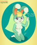  absurd_res animal_crossing anthro blonde_hair breasts crossgender digital_media_(artwork) female green_body hair hi_res lagomorph leaf leporid mammal multicolored_body nintendo rabbit sasha_(animal_crossing) sattiaris simple_background solo text video_games yellow_tail 