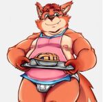  2018 anthro apron belly blush bulge canid canine choji_bear clothing cute_fangs dessert disney food fox gideon_grey humanoid_hands male mammal moobs nipples orange_body overweight overweight_male pie solo underwear zootopia 