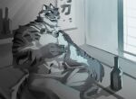  clothed clothing drinking felid greyscale hydaus laugh lin_hu male mammal monochrome nekojishi pantherine solo studio_klondike tiger topless topless_male video_games visual_novel 