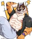  abs anthro bare_chest clothed clothing dress_shirt felid fur grin hi_res lifewonders live-a-hero male mammal mask muscular muscular_anthro muscular_male nipples open_clothing open_shirt open_topwear pantherine pecs ryekie_(live-a-hero) sdeekkk shirt smile solo striped_body striped_fur stripes superhero tiger topwear video_games 