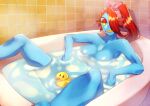  animal_humanoid bathing bathtub blue_body blue_skin breasts female fish fish_humanoid hair humanoid leaning leaning_back looking_at_viewer marine marine_humanoid nude partially_submerged pugthe2ro red_hair rubber_duck solo undertale undertale_(series) undyne video_games yellow_sclera 