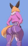  2021 anthro big_breasts big_butt blue_background bodysuit breasts butt butt_focus canid canine clothed clothing cooliehigh female fox furgonomics hands_on_hips hi_res huge_butt mammal meika_(rimba_racer) rear_view rimba_racer simple_background skinsuit solo thick_thighs tight_clothing wide_hips 