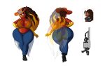  absurd_res anthro avian big_breasts big_butt bird breasts butt cleavage clothed clothing female gun hand_on_hip hi_res huge_butt jean_wayne_tyson ranged_weapon rear_view simple_background solo tansau thick_thighs weapon white_background 