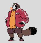  2021 anthro belly biped bottomwear brown_body canid canine clothing cyanroll hat headgear headwear humanoid_hands kuon_(cyanroll) male mammal overweight overweight_male raccoon_dog shirt shorts simple_background solo tanuki topwear 