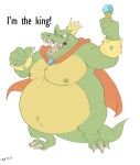  2021 3_toes 4_fingers absurd_res anthro areola belly biceps big_belly big_pecs biped black_eyes bracelet canson cape cape_only claws clothing crocodilian crown dialogue digital_media_(artwork) donkey_kong_(series) english_text fangs featureless_crotch feet finger_claws fingers flat_colors gem gesture green_body green_scales green_tail grey_claws hi_res holding_object holding_staff jewelry king king_k._rool kremling male mostly_nude musclegut muscular muscular_anthro muscular_male navel nintendo nipple_piercing nipples non-mammal_nipples obese obese_anthro obese_male open_mouth outie_navel overweight overweight_anthro overweight_male pecs piercing pink_tongue pointing pointing_at_self reptile royalty scales scalie scepter sharp_teeth signature simple_background snout solo staff standing teeth text three-quarter_view toe_claws toes tongue uvula video_games white_background yellow_areola yellow_nipples 