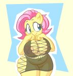  anthro anthrofied big_breasts breasts camel_toe cleavage clothed clothing equid equine female fluttershy_(mlp) friendship_is_magic hair huge_breasts mammal my_little_pony nipple_outline pink_hair snus-kun solo thick_thighs yellow_body 