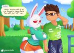  &lt;3 animal_crossing anthro big_breasts blush breasts dialogue duo english_text female freckles fur gammainks header header_box hi_res human lagomorph leporid male male/female mammal nintendo outside plant rabbit ruby_(animal_crossing) text text_header tree video_games white_body white_fur wide_hips 