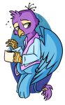  alpha_channel avian bathrobe beak beverage bird bird_feet blue_body clothing coffee feathered_wings feathers feral galliform green_eyes gryphon gyro_feather hi_res male mythological_avian mythology paws peafowl phasianid pink_body quadruped robe tail_tuft themodpony tired tuft wings 