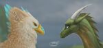  2019 ambiguous_gender angry apology avian beak blue_eyes blurred_background bodypaint digital_media_(artwork) dragon dsw7 duo ear_piercing ear_ring ears_back english_text eye_contact face_paint feathers feral frill_(anatomy) frown green_body green_eyes green_scales gryphon head_crest head_frill horn labial_pit looking_at_another membrane_(anatomy) membranous_frill mythological_avian mythology orange_body orange_scales outside piercing pit_organ pivoted_ears sad scales side_view silicas sips_n_scales tan_body tan_feathers text wrill wyvern 