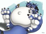  2020 2_heads anthro bandai_namco belly big_belly big_feet big_tail black_claws black_tail blue_background blue_body blue_feet blue_tail bread claws digimon digimon_(species) eating eating_food feet food foot_focus growlmon half-closed_eyes hand_holding_object hand_on_stomach male multi_head narrowed_eyes navel overweight overweight_anthro overweight_male pawpads paws satisfied satisfied_look sharp_teeth simple_background solo striped_claws teaselbone teeth tongue tongue_out weight_gain white_background white_belly white_claws white_feet 