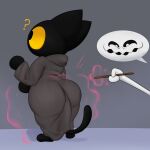  ambiguous_gender anthro big_butt black_body butt butt_expansion clothed clothing domestic_cat duo expansion felid feline felis ghost google google_doodle grey_robe hi_res kiffy_(artist) magic magic_cat_academy magic_wand mammal momo_(google) robe short_stack simple_background spell spirit standing wand white_body yellow_eyes 