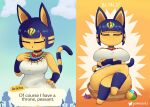  2021 absurd_res animal_crossing ankha_(animal_crossing) anthro big_breasts blue_hair breasts crossed_arms crossed_legs dialogue domestic_cat english_text eyes_closed felid feline felis female gammainks hair hand_on_hip header header_box hi_res mammal nintendo solo text text_box text_header video_games yellow_body 