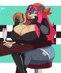  2021 anthro big_breasts breast_rest breasts burger canid canine canis cleavage clothed clothing crossed_legs delilah_evona domestic_dog female food fries hair huge_breasts jwinkz mammal mastiff mature_female milkshake molosser red_hair rottweiler solo tongue tongue_out 