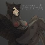  1:1 anthro big_breasts black_body black_fur black_hair black_tail breasts canid canine canine_skull canis female fur hair hi_res malo mammal nipples nude scp-1471 scp-1471-a scp_foundation simple_background skull_face solo text todyfel white_eyes wolf 