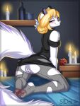  anthro arctic_fox blonde_hair breasts butt candle canid canine clothed clothing digital_media_(artwork) dressuptober eyebrows eyelashes female fox fur genitals hair hi_res looking_at_viewer looking_back mammal pussy sidni sidnithefox smile solo tagme wardrobe_malfunction white_body white_fur 