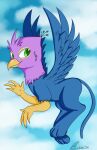  avian beak bird bird_feet blue_body feathered_wings feathers flying galliform gryphon gyro_feather hi_res mythological_avian mythology paws peafowl phasianid pink_body quadruped spread_wings swiftsketchpone wings 