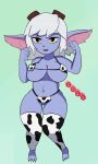  2021 animal_print big_breasts bikini breasts clothing cow_print cranihum female hi_res huge_breasts humanoid humanoid_pointy_ears league_of_legends legwear not_furry riot_games short_stack simple_background smile solo swimwear thigh_gap thigh_highs tristana_(lol) video_games yordle 